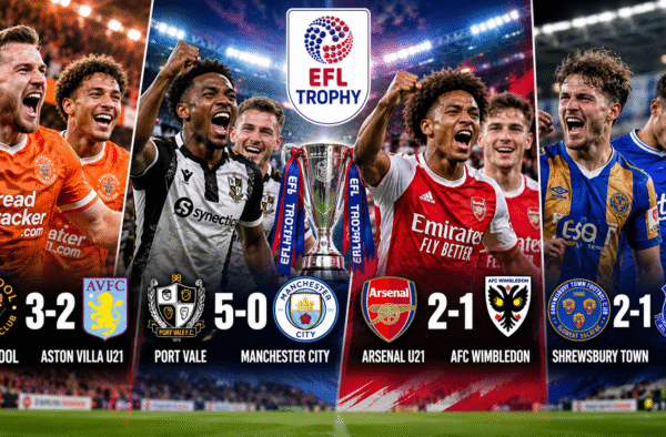 EFL Trophy Dramatic Matchday Collage Blackpool Claim Comeback Win as Port Vale Rout Man City